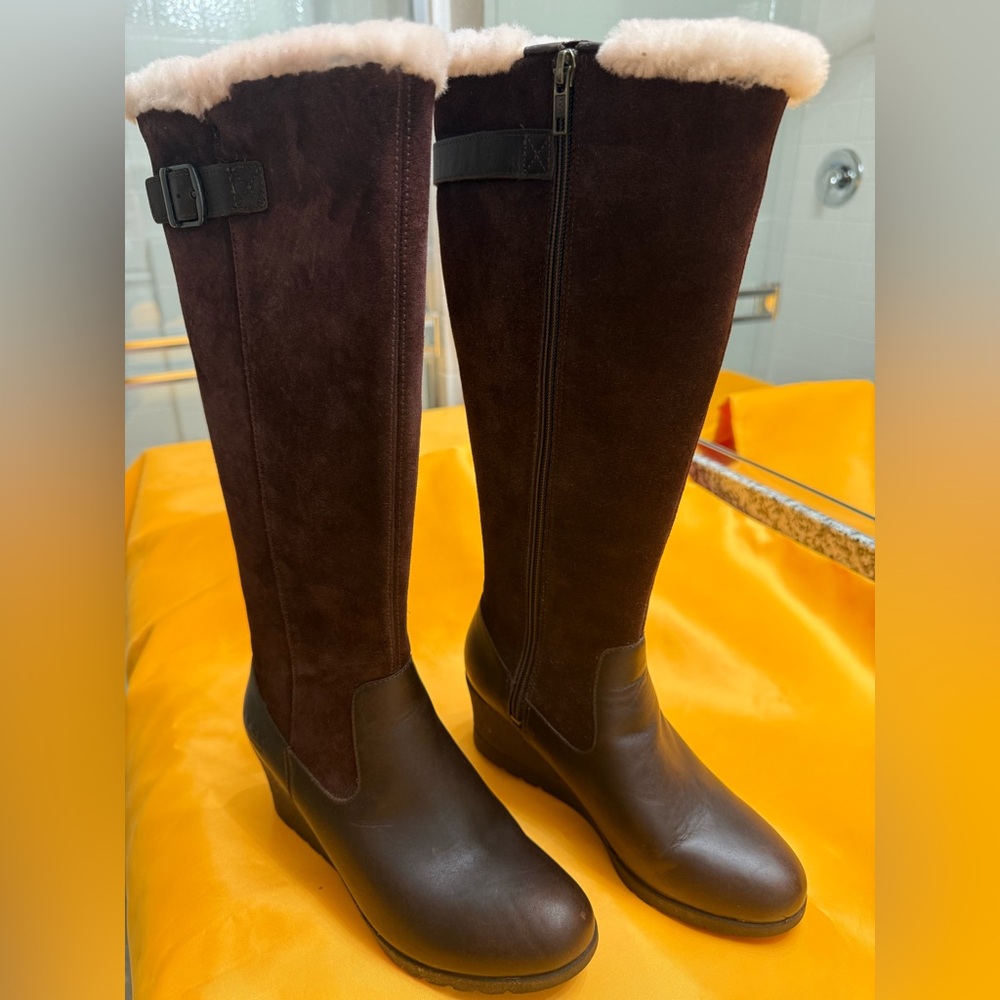 UGG leather brown wedge boot. 2 1/2 heel. Water resistant. Size 7M
